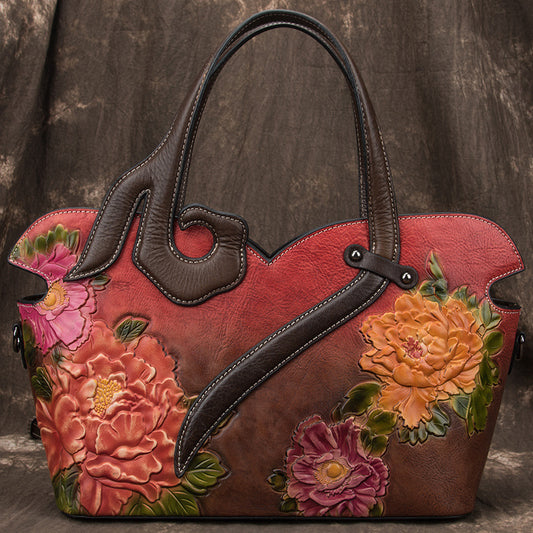 Artisan Floral Embossed Leather Tote Bag – Premium European Style Handbag for Women