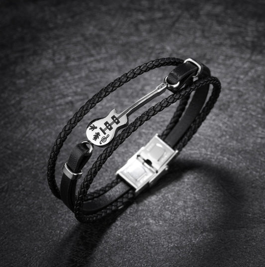 Men’s Braided Leather Bracelet with Engraved Metal Bar – Multi-Layer Rope Design, Premium Magnetic Clasp
