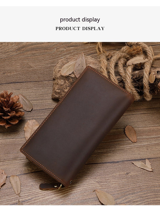 Men’s Crazy Horse Leather Long Wallet – Large Capacity Zipper Wallet with Multiple Card Slots