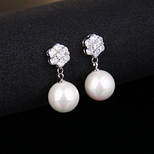 Elegant Round Pearl Drop Earrings – Luxury Crystal & Pearl Long Earrings for Women