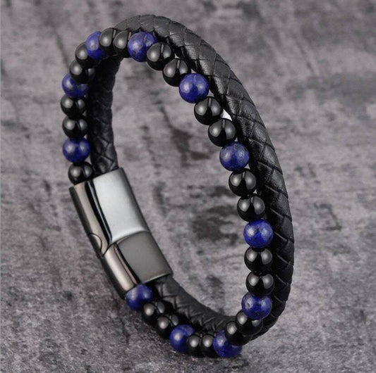 Men’s Volcanic Stone & Braided Leather Bracelet – Black Magnetic Clasp, Natural Beads, Premium Hybrid Design