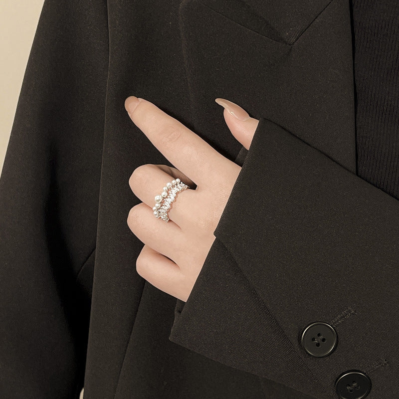 French-Style Open Pearl Ring for Women – Minimalist Hollow Circle Silver Ring