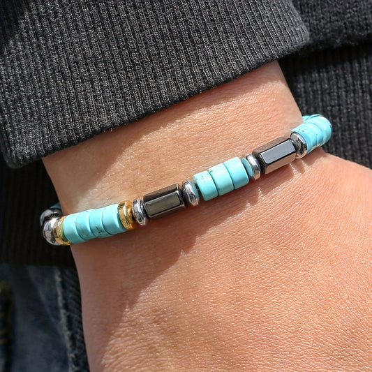 Men’s Turquoise & Hematite Beaded Bracelet – Handmade Minimal Boho Style, Elastic Fit
