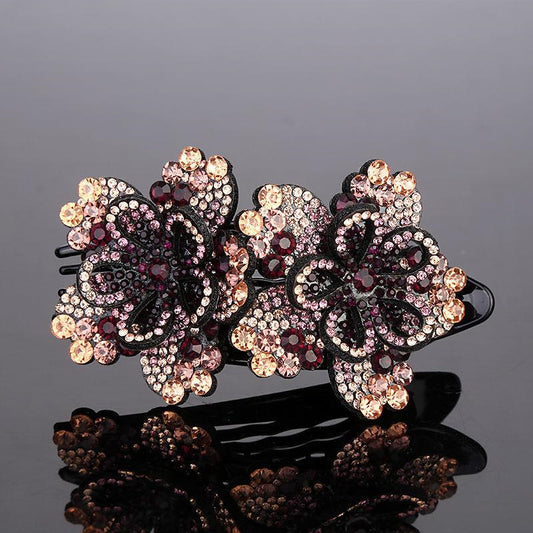 Double Crystal Flower Duckbill Hair Clip – Elegant Rhinestone Barrette for Women
