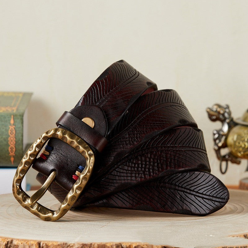 Vintage Engraved Buckle Leather Belt for Men – Heritage Design with Premium Finish