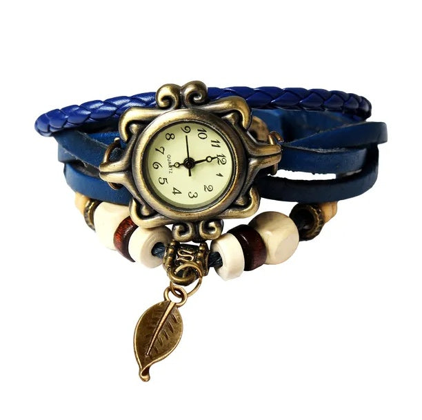 Bohemian Retro Leather Wrap Bracelet Women’s Quartz Watch – Handmade Two-Leaf Charm Design