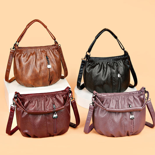 Retro Pleated Bucket Bag – Elegant Leather Shoulder & Crossbody Handbag for Women