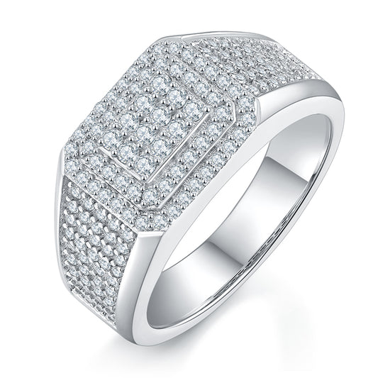 Men’s Iced Moissanite Ring – 925 Sterling Silver, Platinum-Plated Luxury Statement Ring