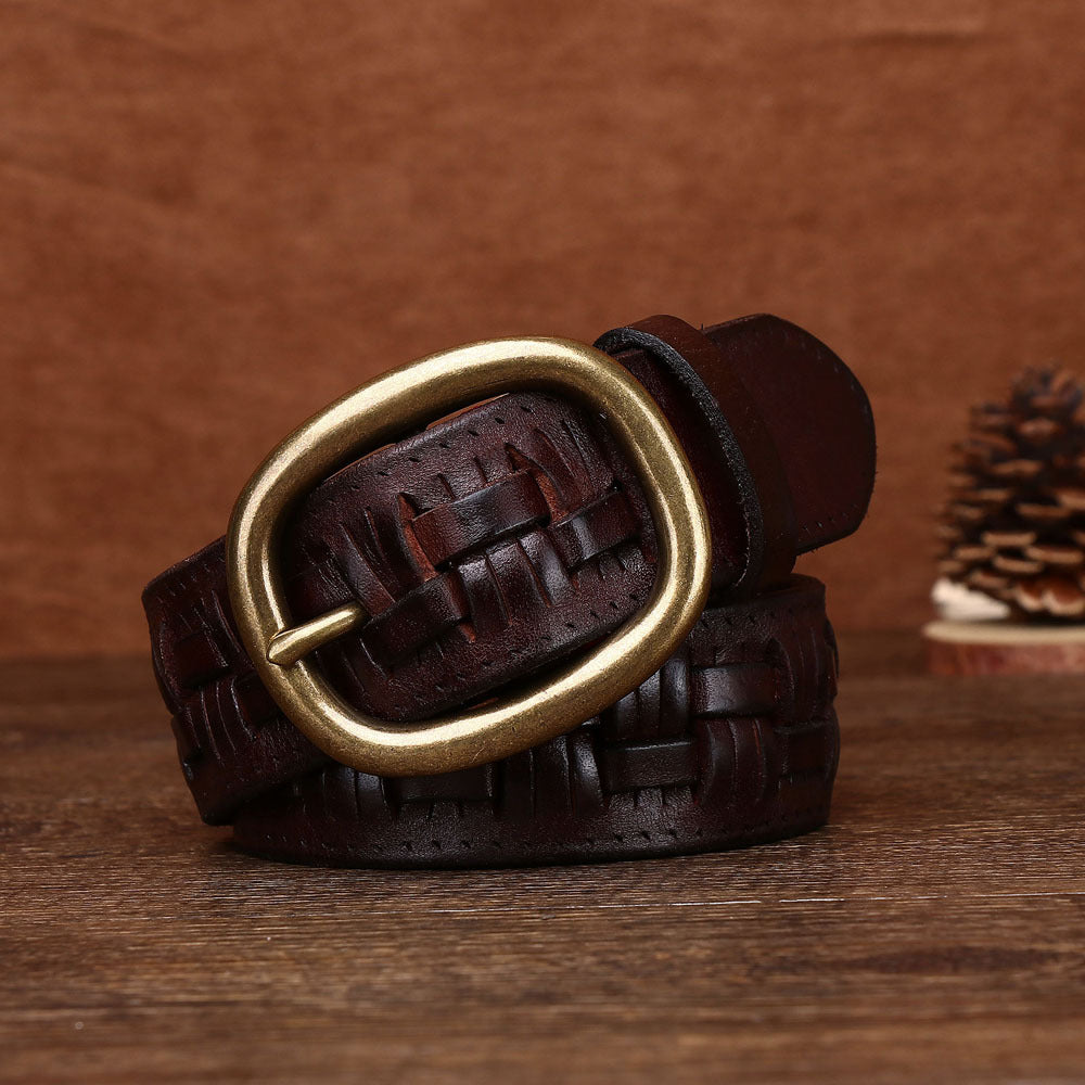 Men’s Hand-Woven First Layer Cow Leather Belt – Vintage Brass Buckle, Premium Handmade Style