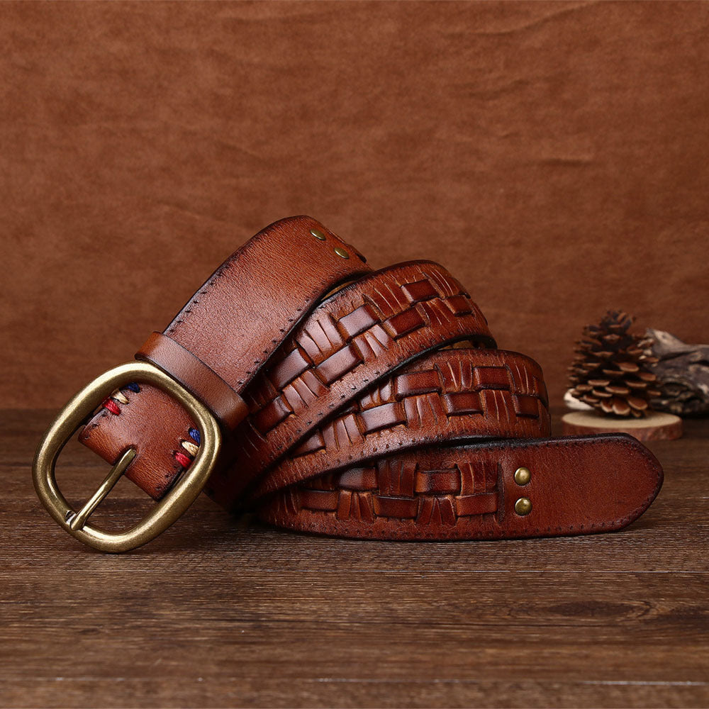 Men’s Hand-Woven First Layer Cow Leather Belt – Vintage Brass Buckle, Premium Handmade Style