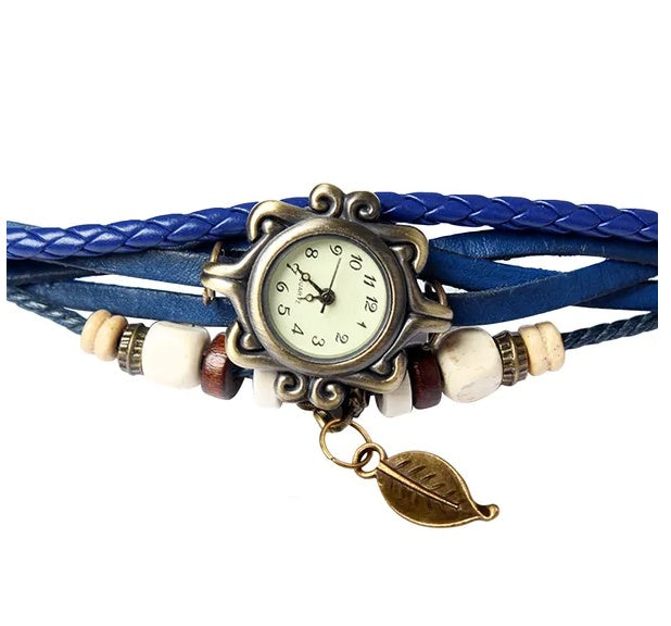 Bohemian Retro Leather Wrap Bracelet Women’s Quartz Watch – Handmade Two-Leaf Charm Design