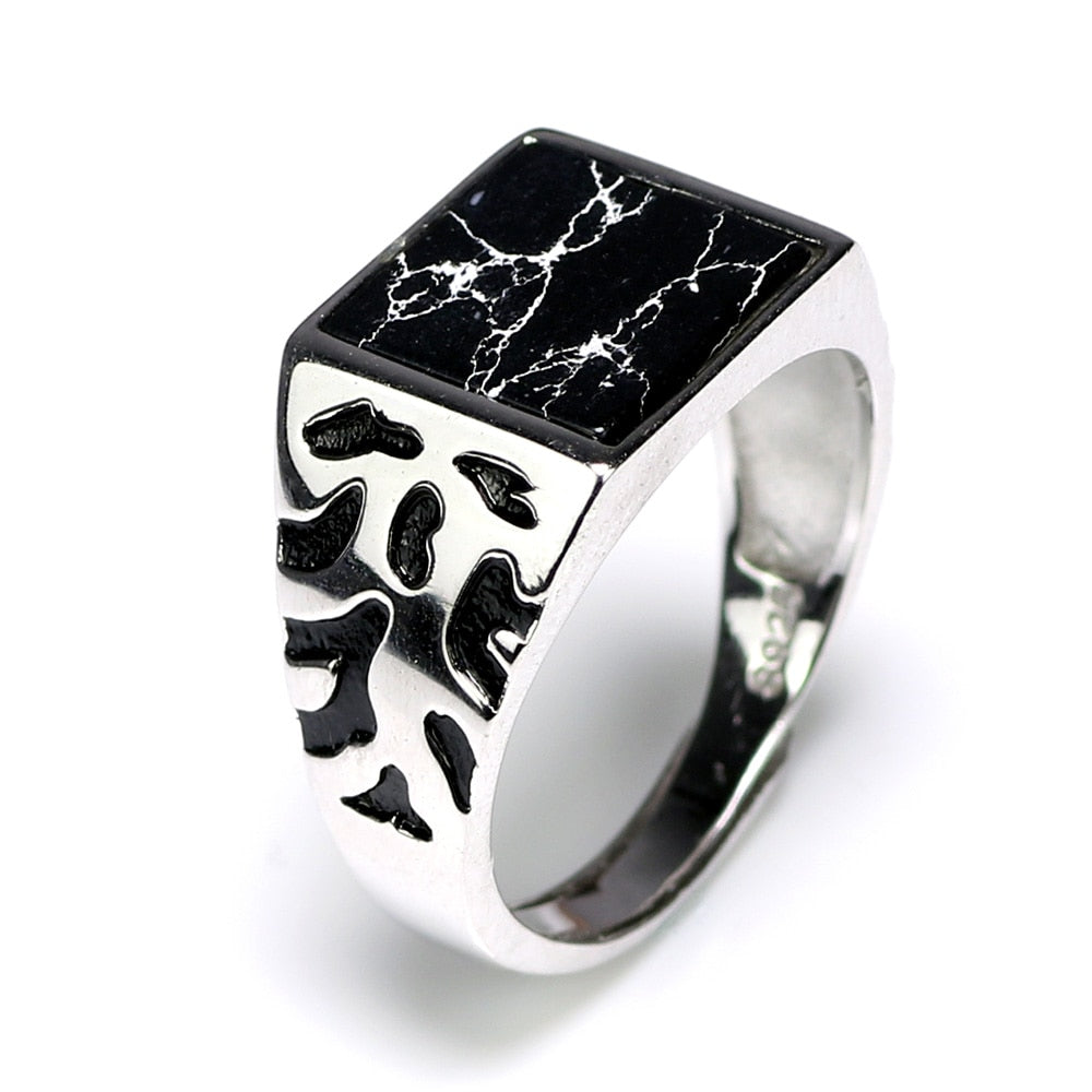925 Sterling Silver Vintage Square Black Stone Men’s Ring – Adjustable Statement Jewelry