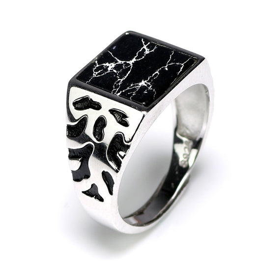 925 Sterling Silver Vintage Square Black Stone Men’s Ring – Adjustable Statement Jewelry