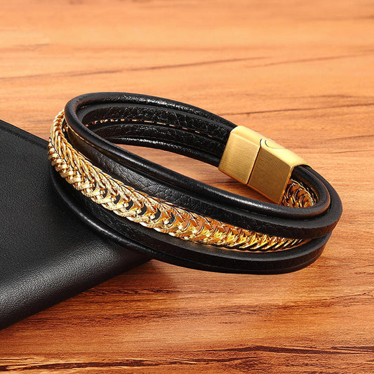 Men’s Multi-Layer Leather Bracelet with Titanium Steel Chain – Premium Punk Style, Magnetic Clasp
