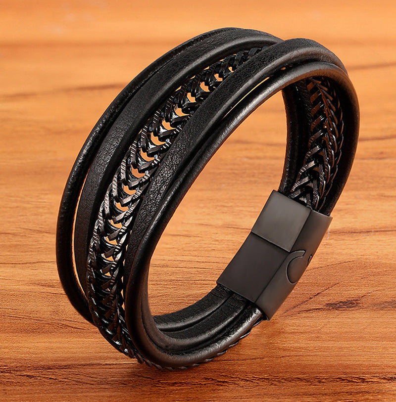 Men’s Multi-Layer Leather Bracelet with Titanium Steel Chain – Premium Punk Style, Magnetic Clasp