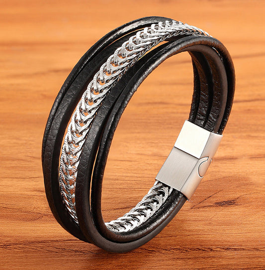 Men’s Multi-Layer Leather Bracelet with Titanium Steel Chain – Premium Punk Style, Magnetic Clasp