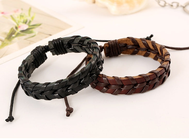 Hand-Woven Multi-Layer Leather Bracelet – Adjustable Vintage Braided Strap for Men