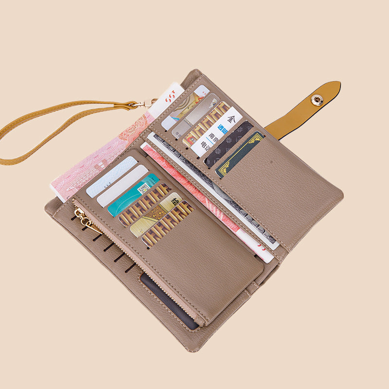 Women’s Contrast Color Long Zipper Multi-Functional Fashion Wallet – Soft Leather Handbag Style Clutch