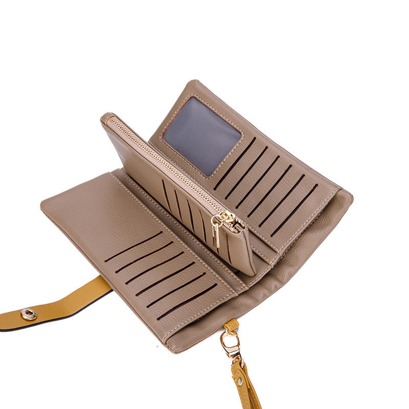 Women’s Contrast Color Long Zipper Multi-Functional Fashion Wallet – Soft Leather Handbag Style Clutch