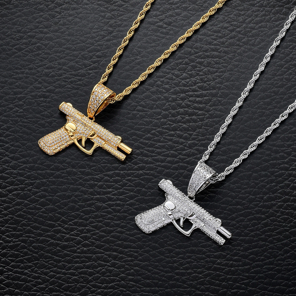 Hip Hop Gun Pendant Necklace – Iced Diamond Inlay Chain for Men