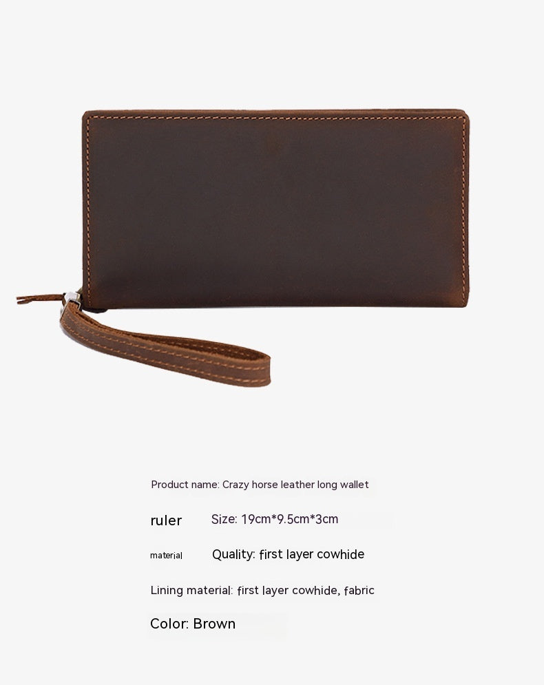 Men’s Crazy Horse Leather Long Wallet – Large Capacity Zipper Wallet with Multiple Card Slots