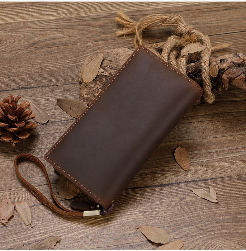 Men’s Crazy Horse Leather Long Wallet – Large Capacity Zipper Wallet with Multiple Card Slots