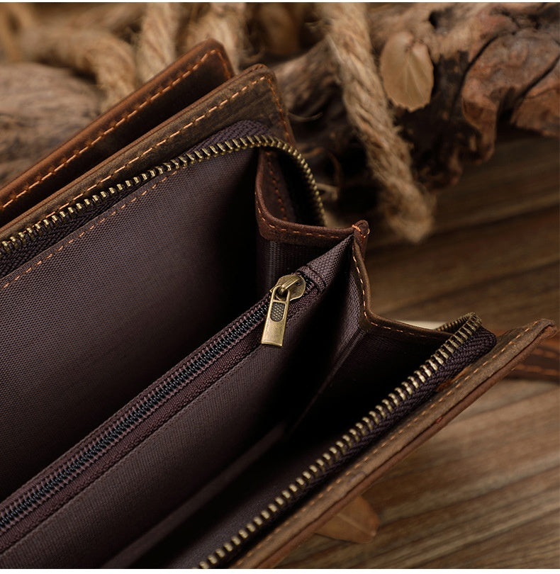 Men’s Crazy Horse Leather Long Wallet – Large Capacity Zipper Wallet with Multiple Card Slots