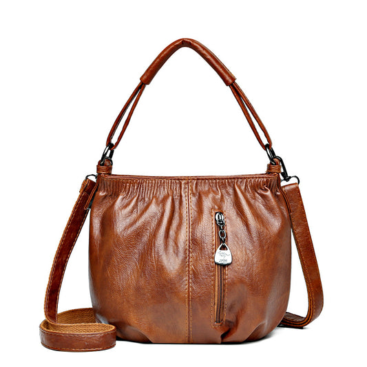 Retro Pleated Bucket Bag – Elegant Leather Shoulder & Crossbody Handbag for Women