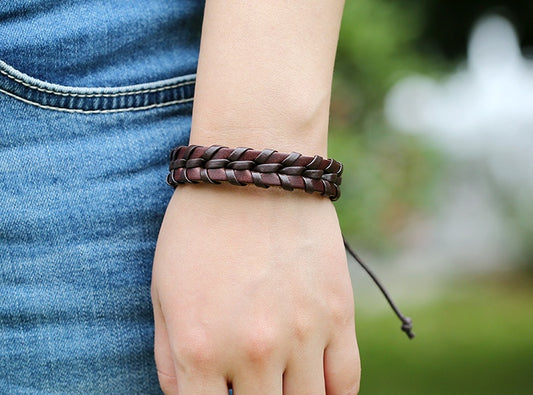 Hand-Woven Multi-Layer Leather Bracelet – Adjustable Vintage Braided Strap for Men