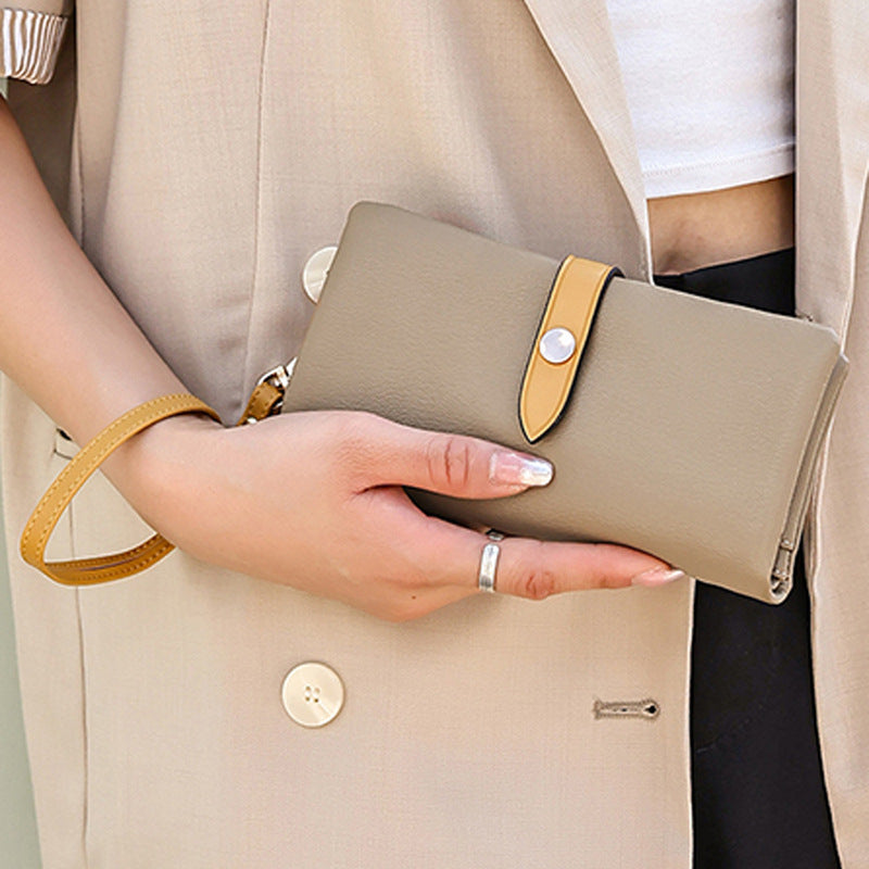 Women’s Contrast Color Long Zipper Multi-Functional Fashion Wallet – Soft Leather Handbag Style Clutch