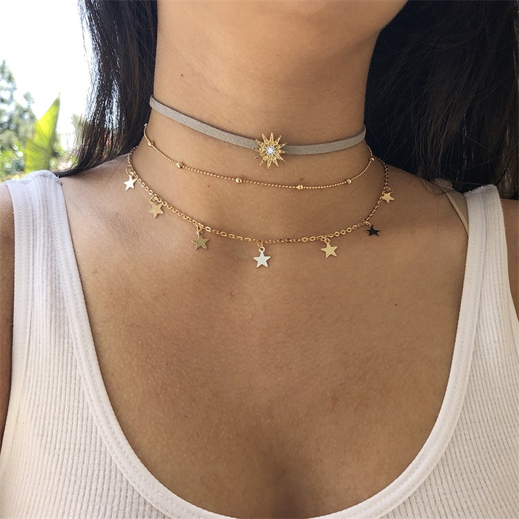 LUXERIO™ Sun & Stars Layered Choker Necklace – 3-Piece Trendy Set