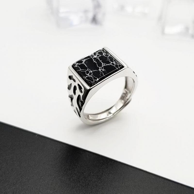 925 Sterling Silver Vintage Square Black Stone Men’s Ring – Adjustable Statement Jewelry
