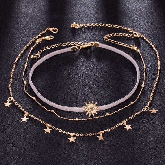 LUXERIO™ Sun & Stars Layered Choker Necklace – 3-Piece Trendy Set