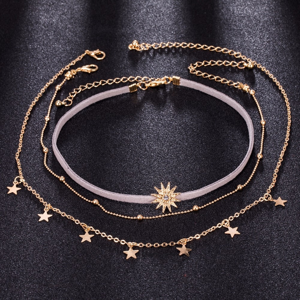 LUXERIO™ Sun & Stars Layered Choker Necklace – 3-Piece Trendy Set