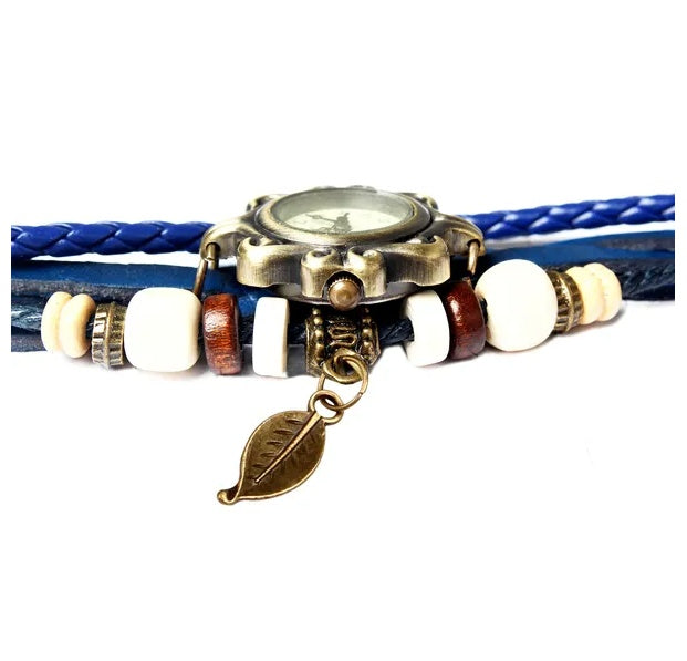 Bohemian Retro Leather Wrap Bracelet Women’s Quartz Watch – Handmade Two-Leaf Charm Design