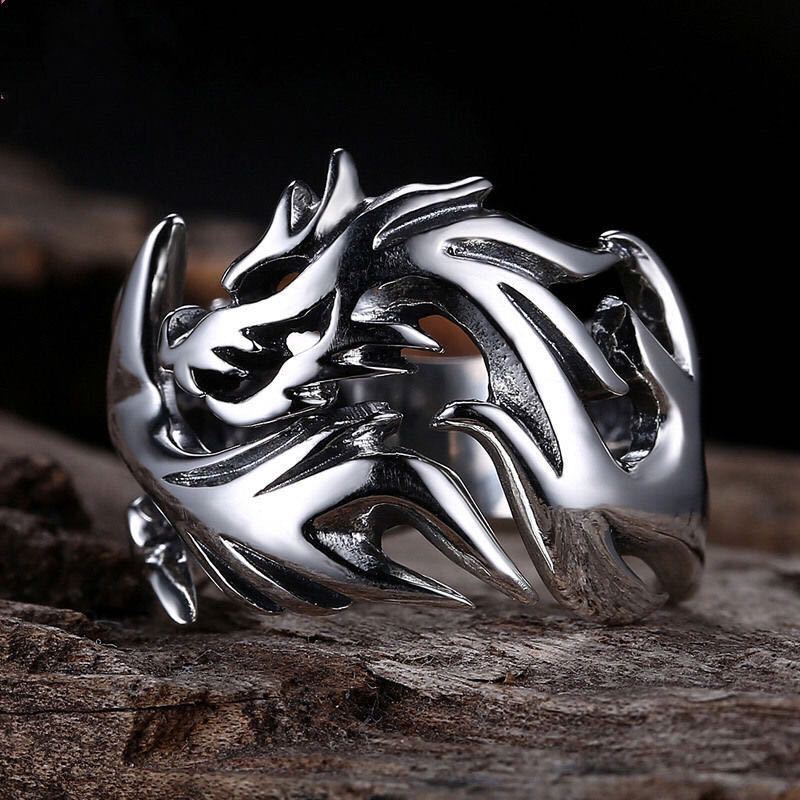 Flame Dragon Silver Ring for Men – Power Statement Band