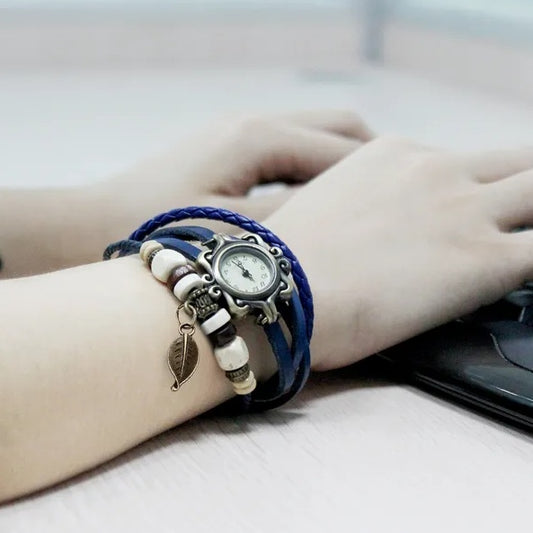 Bohemian Retro Leather Wrap Bracelet Women’s Quartz Watch – Handmade Two-Leaf Charm Design
