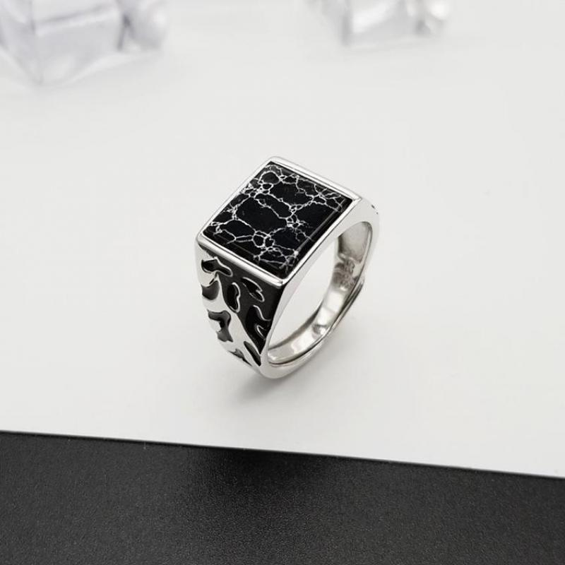 925 Sterling Silver Vintage Square Black Stone Men’s Ring – Adjustable Statement Jewelry