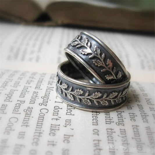Vintage Leaf Engraved Silver Ring – Retro European & American Style Band for Men & Women