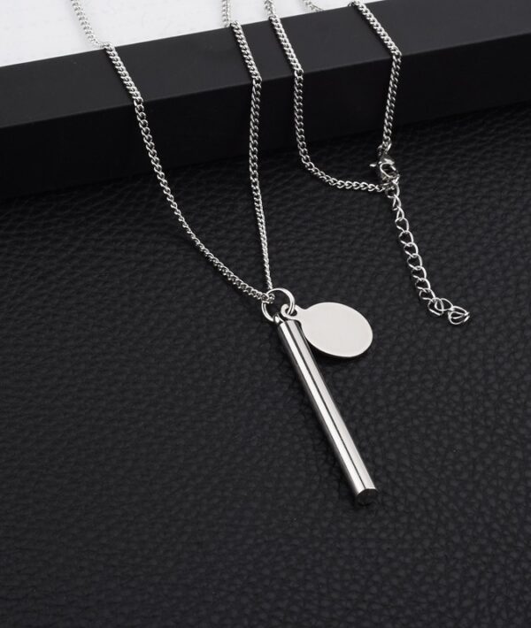 Minimal Stainless Steel Double Pendant Necklace – Long Bar & Round Disc Chain for Unisex