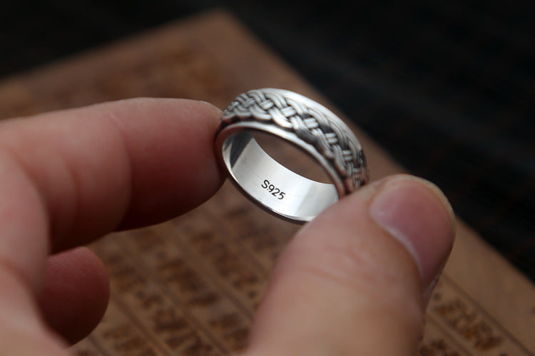 925 Sterling Silver Thai Retro Twine Ring – Men’s Vintage Index Finger Band
