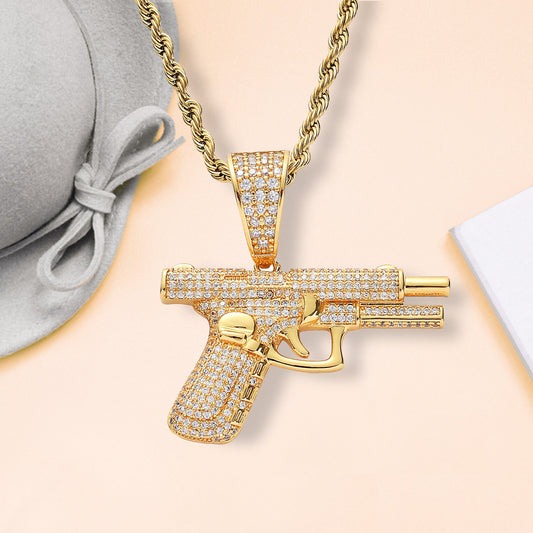 Hip Hop Gun Pendant Necklace – Iced Diamond Inlay Chain for Men