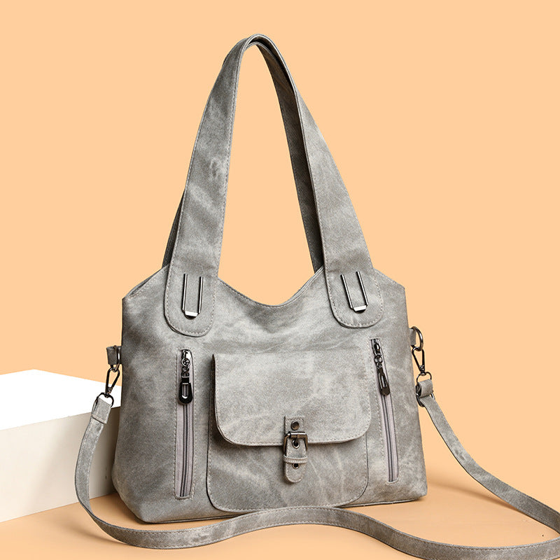 Large-Capacity Casual Leather Tote Bag – Multi-Pocket Handbag & Single-Shoulder Crossbody for Everyday Use