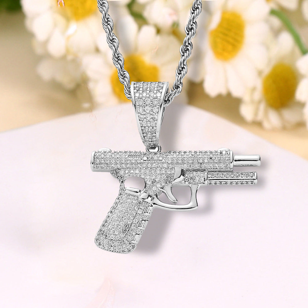 Hip Hop Gun Pendant Necklace – Iced Diamond Inlay Chain for Men