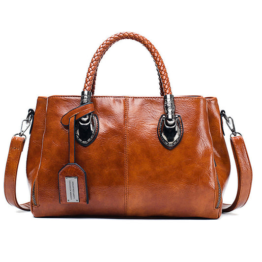 Vintage Oil-Wax Leather Handbag – Elegant Structured Tote & Shoulder Bag for Women