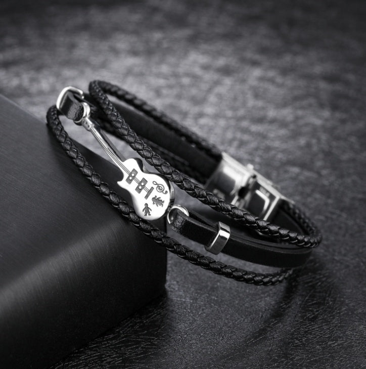 Men’s Braided Leather Bracelet with Engraved Metal Bar – Multi-Layer Rope Design, Premium Magnetic Clasp