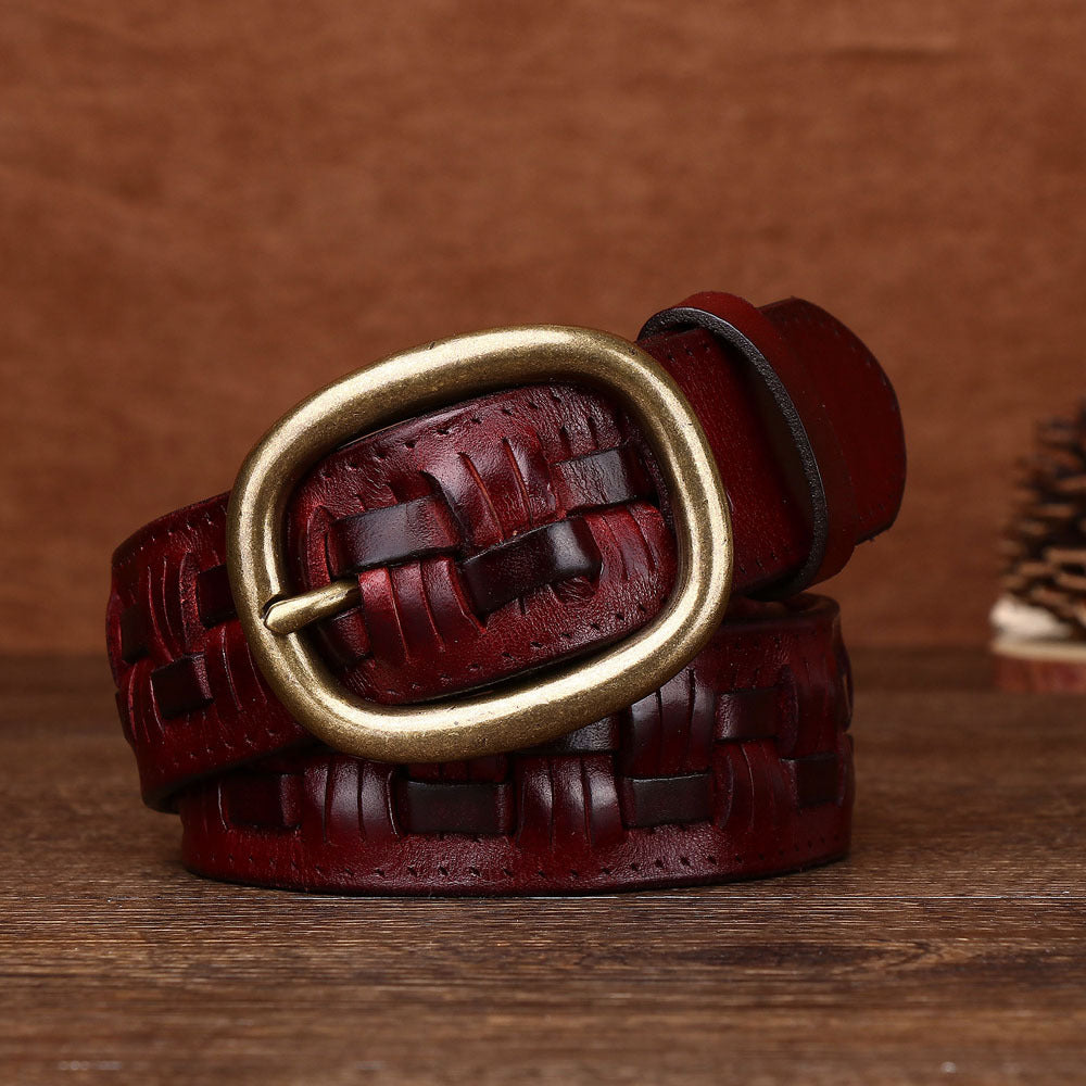 Men’s Hand-Woven First Layer Cow Leather Belt – Vintage Brass Buckle, Premium Handmade Style