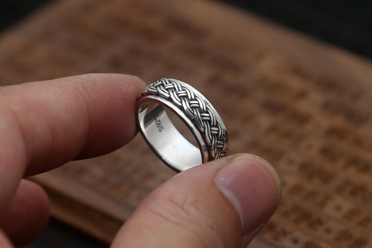 925 Sterling Silver Thai Retro Twine Ring – Men’s Vintage Index Finger Band