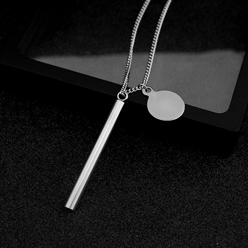 Minimal Stainless Steel Double Pendant Necklace – Long Bar & Round Disc Chain for Unisex