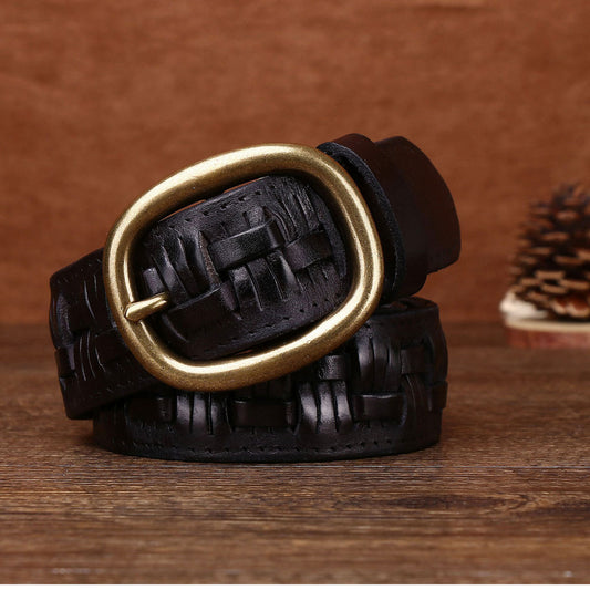 Men’s Hand-Woven First Layer Cow Leather Belt – Vintage Brass Buckle, Premium Handmade Style